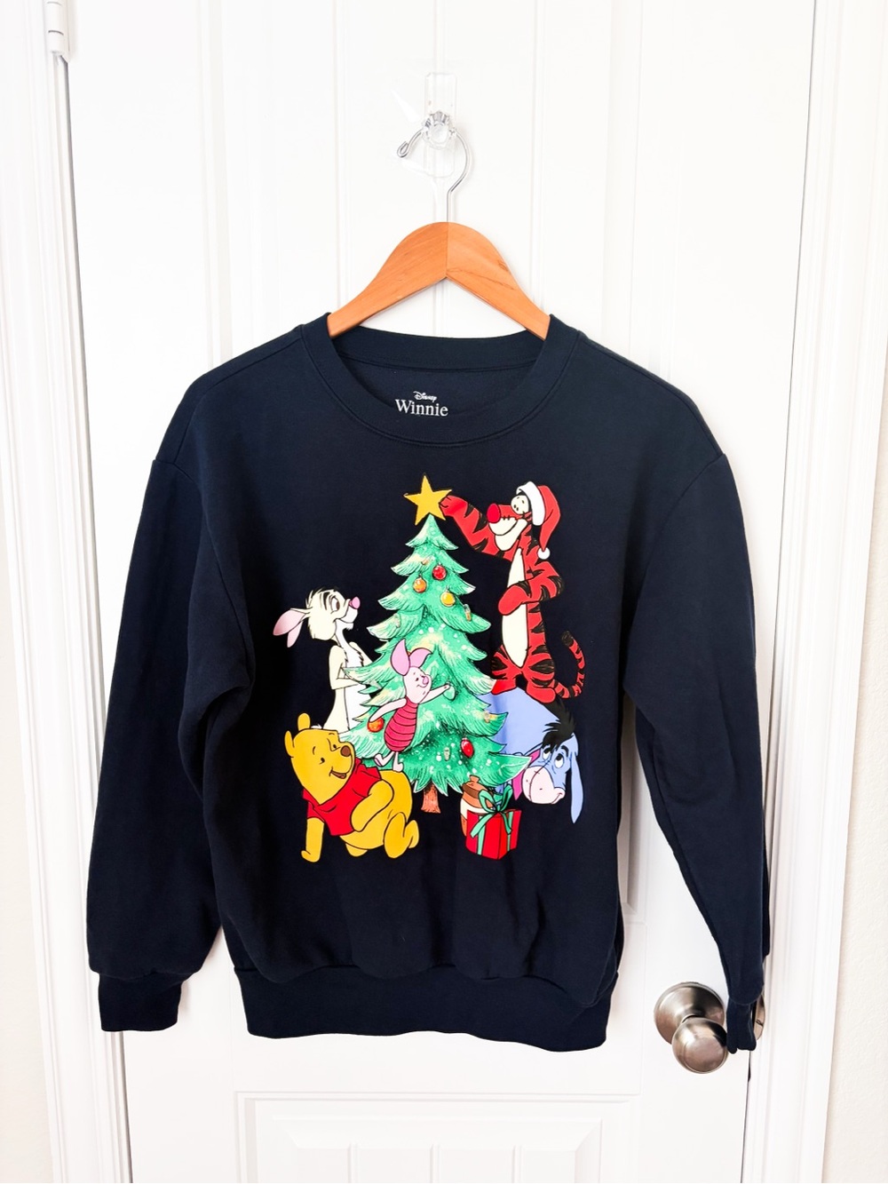 Disney Navy Winnie the Pooh Holiday Sweatshirt Light Up Christmas Tree Size XS